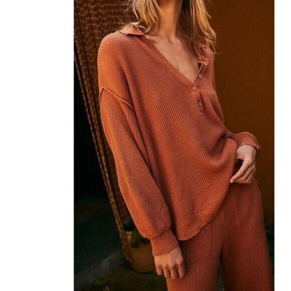 Free People Picnic Sweater Ribbed Flare Lounge Pant Terra Cotta- Size Medium - Picture 3 of 12